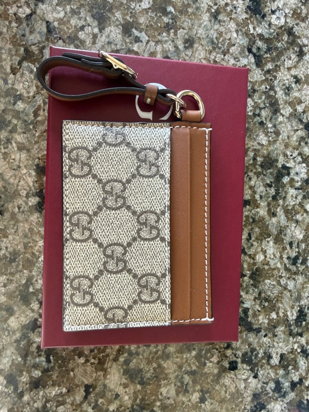 Gucci Beige GG Canvas Card Holder with Brown Leather Strap